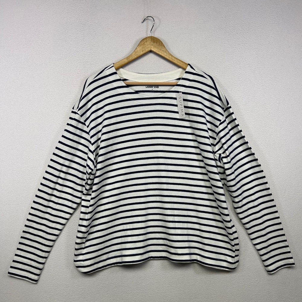 Nautical Coastal Lands End Women 1X White Navy Striped Supima Cotton Top